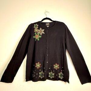 Designers Originals Studio black holiday cardigan, Sz M. Preowned.